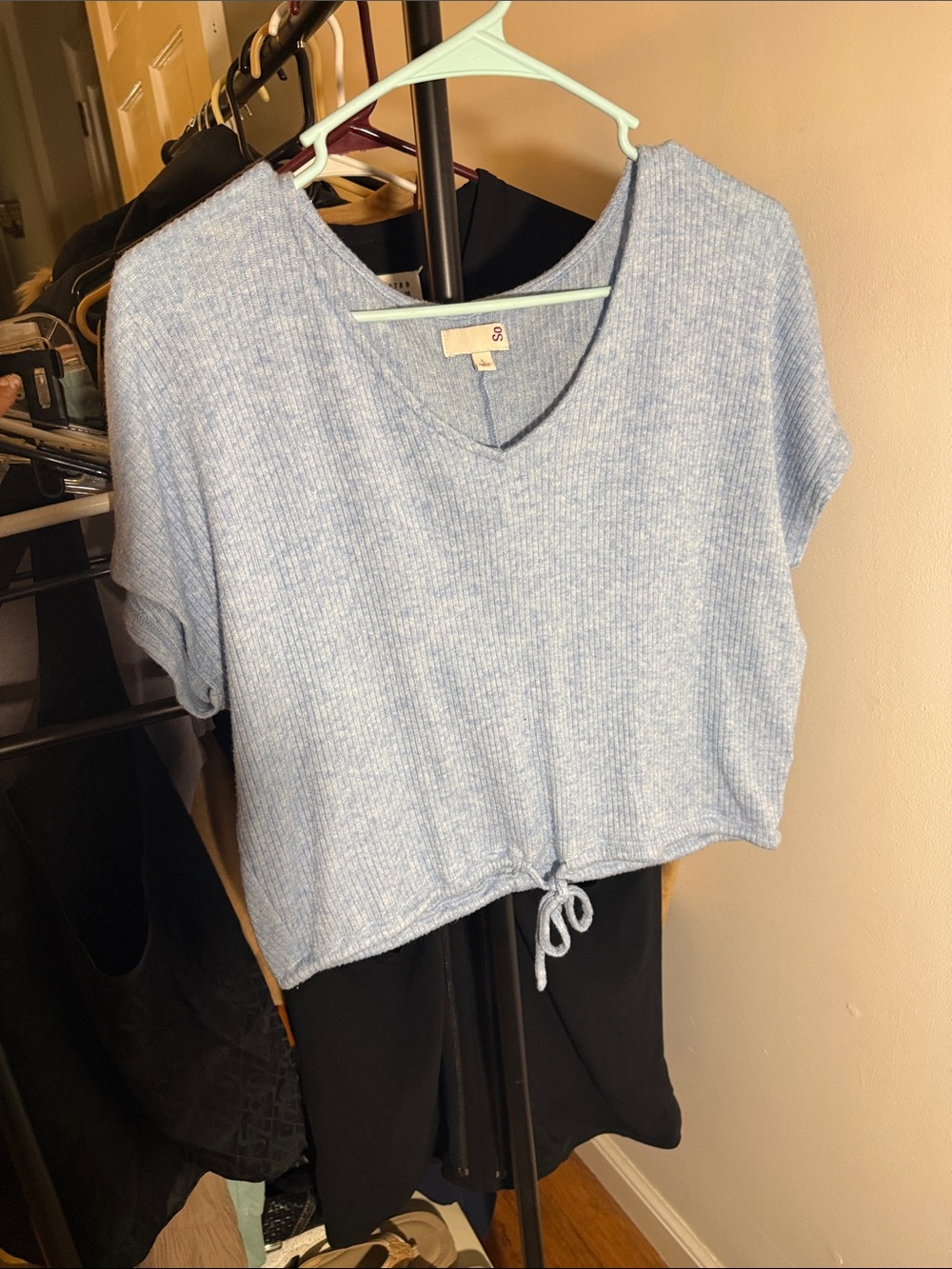 SO Light Blue Ribbed Cropped V-Neck Top with Drawstring
